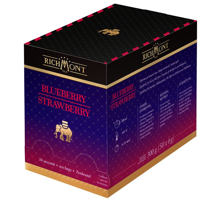 Herbata Richmont Blueberry Strawberry to owocowo-ziołowa mieszanka, która zachwyci miłośników intensywnych, słodkich i lekko kwaskowych smaków. Zamknięta w wygodnych saszetkach (50 sztuk), ta kompozycja idealnie sprawdzi się zarówno na ciepło, jak i jako orzeźwiający, schłodzony napar.

W skład herbatki wchodzi naturalnie słodkie jabłko, które stanowi podstawę tej mieszanki, nadając jej delikatny owocowy smak. Hibiskus wprowadza lekko kwaskowy akcent oraz głęboki czerwony kolor, który uatrakcyjnia wygląd naparu. Liście jeżyny dodają herbacie ziołowego charakteru, wzmacniając smak i aromat.

Naturalny aromat truskawkowy i jagodowy intensyfikują owocowy profil tej mieszanki, a truskawka kandyzowana (1,5%) oraz jagoda (1%) wnoszą autentyczne, soczyste nuty, które przypominają o letnich owocach. Ta herbatka to doskonała propozycja dla osób, które szukają intensywnie owocowych naparów, bogatych w smak i aromat, idealnych do codziennej przyjemności.